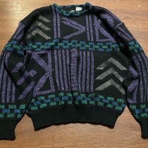 Black Crewneck Sweater with Purple & Teal Geometric Motif